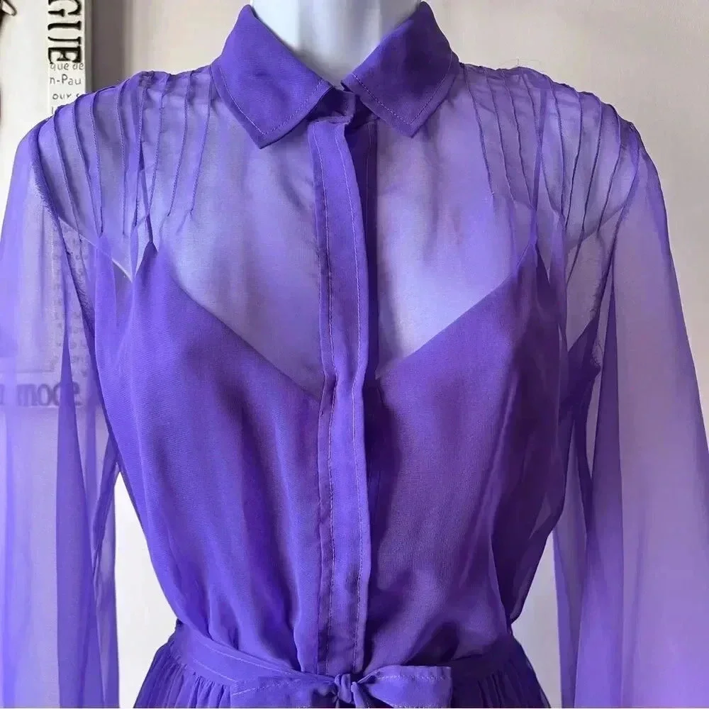 Vintage 60s Purple Chiffon Sheer Long Sleeve Pintuck Dress Size 12